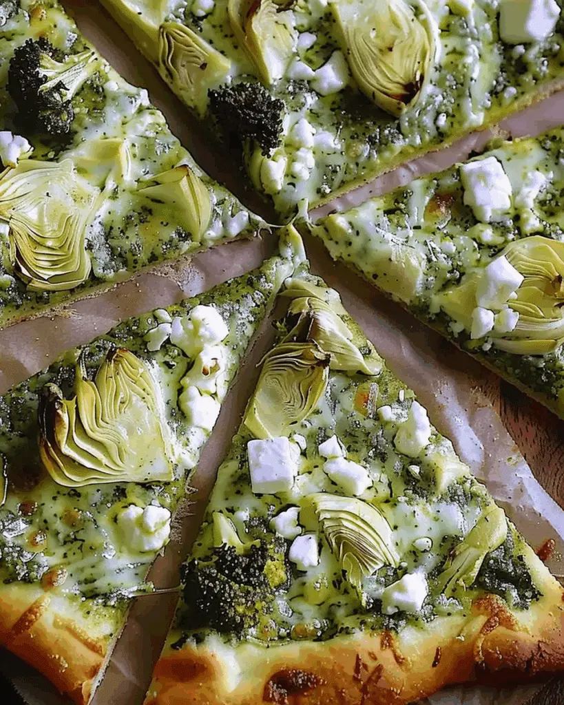 Green Pizza with Pesto, Feta, Artichokes, and Broccoli