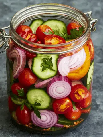 Pickled Cherry Tomatoes, Red Onions, and Cucumbers