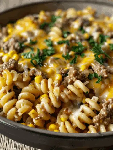 Loaded Cheddar Ranch Beef and Sweet Corn Rotini Bake