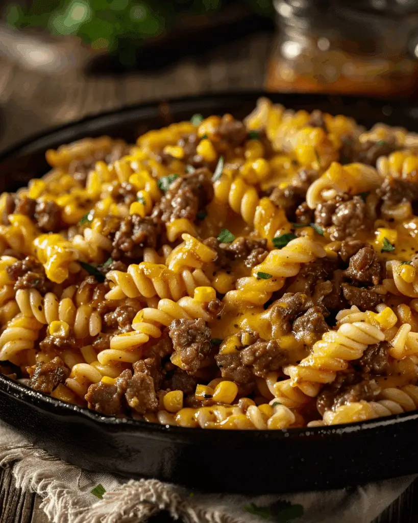 Loaded Cheddar Ranch Beef and Sweet Corn Rotini Bake