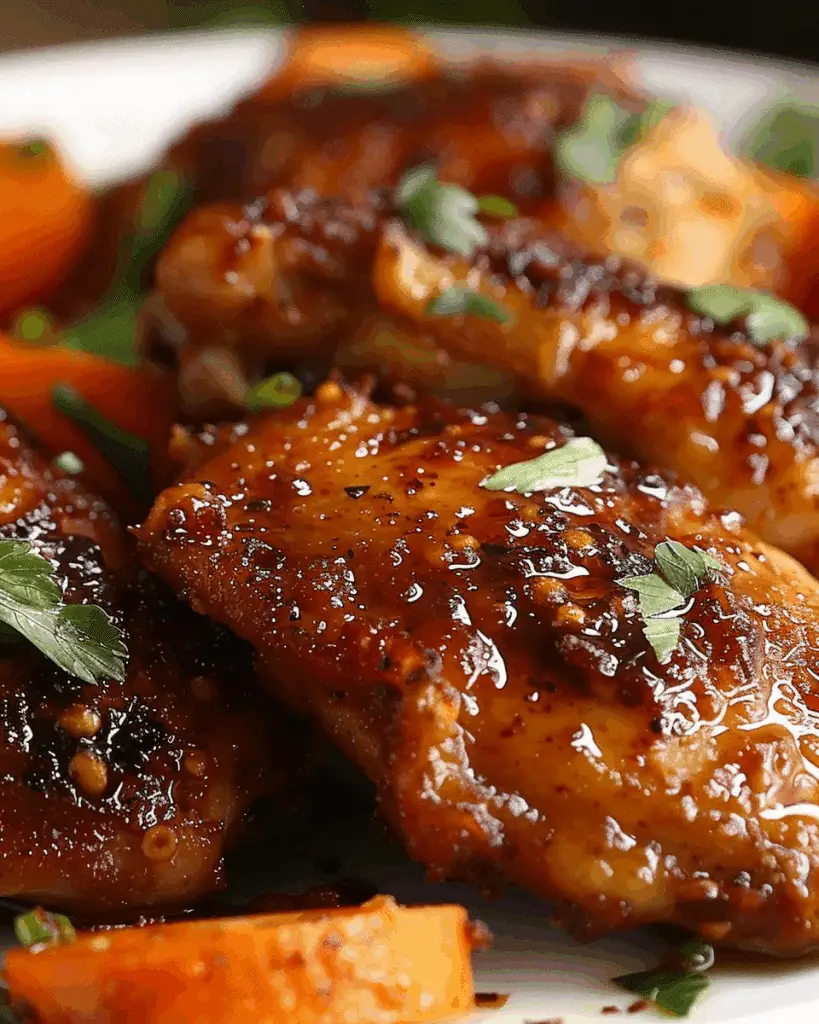 Crispy Brown Sugar Mustard Chicken Thighs with Roasted Carrots