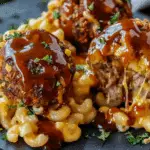 Baked Mac ’n’ Cheese Stuffed Meatball Bombs with BBQ Drizzle