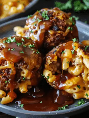 Baked Mac ’n’ Cheese Stuffed Meatball Bombs with BBQ Drizzle