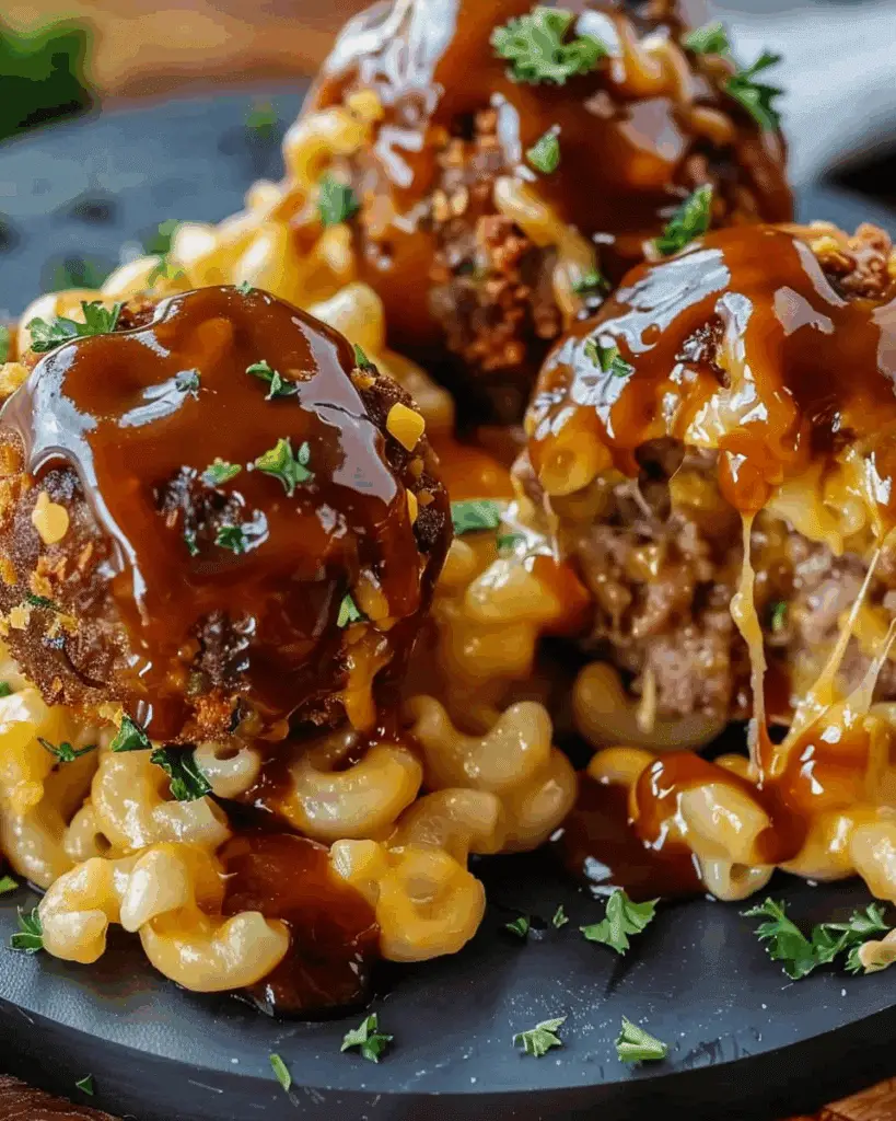 Baked Mac ’n’ Cheese Stuffed Meatball Bombs with BBQ Drizzle