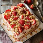 Cream Cheese Strawberry Sheet Cake with Crumble Topping