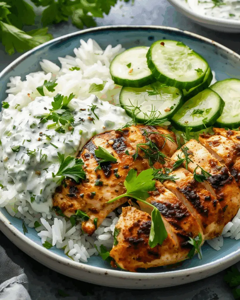 Grilled Chicken with Tzatziki Sauce and Rice