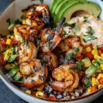 Grilled Shrimp Bowl with Avocado, Corn Salsa & Creamy Garlic Sauce
