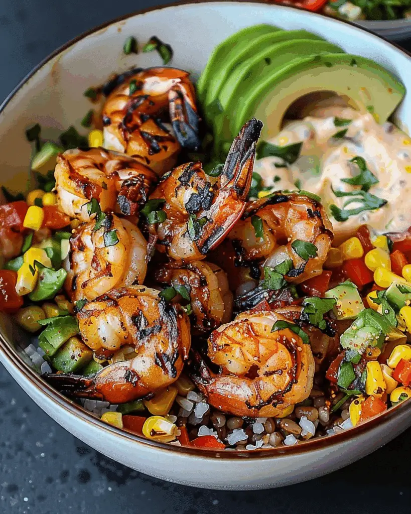 Grilled Shrimp Bowl with Avocado, Corn Salsa & Creamy Garlic Sauce