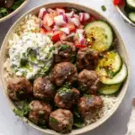 Gyro Bowls (Meatballs with Tzatziki, Lemon Rice, and Cucumber Salad)