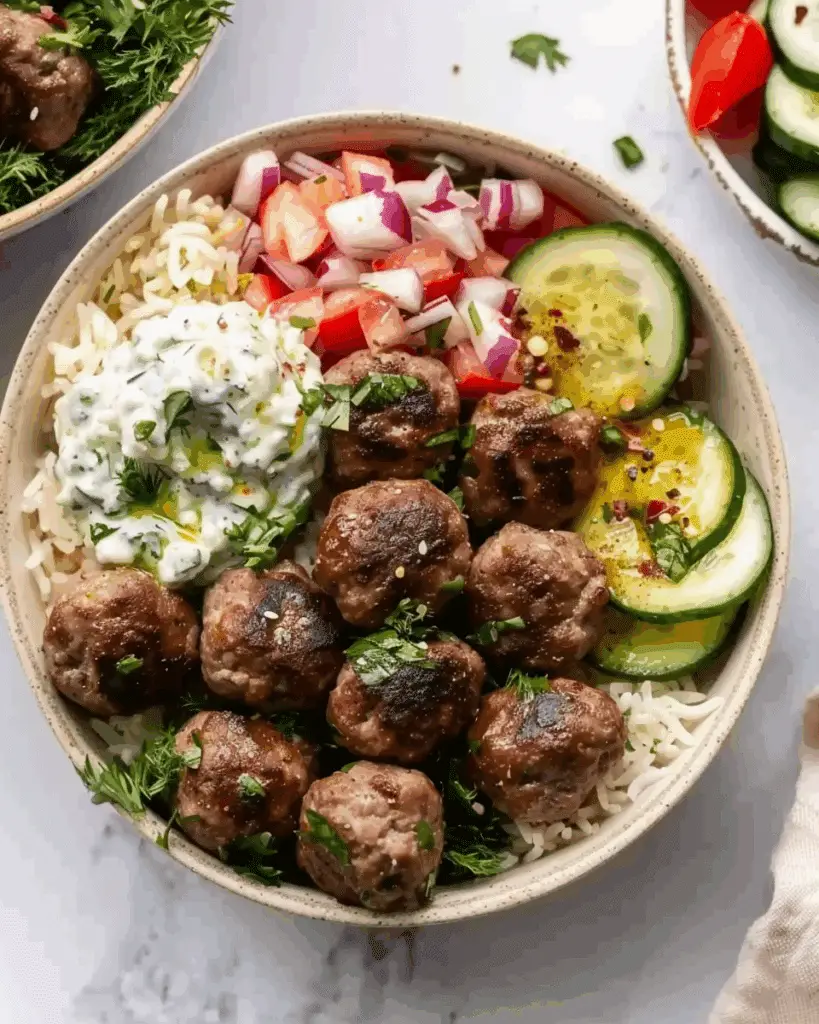 Gyro Bowls (Meatballs with Tzatziki, Lemon Rice, and Cucumber Salad)