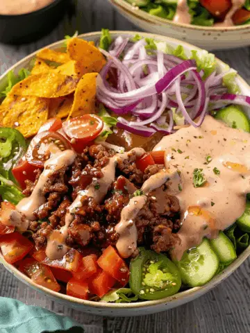 Fully Loaded Burger Bowl with “Special Sauce”