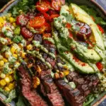 Steak, Avocado, and Roasted Corn Bowl with Cilantro Cream Sauce