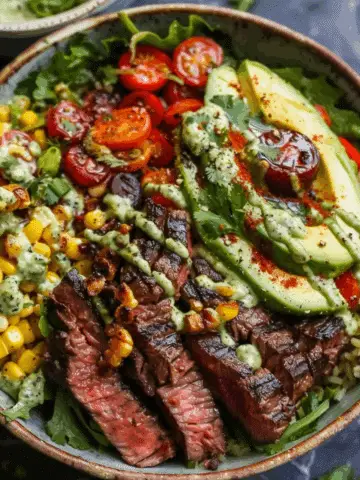 Steak, Avocado, and Roasted Corn Bowl with Cilantro Cream Sauce