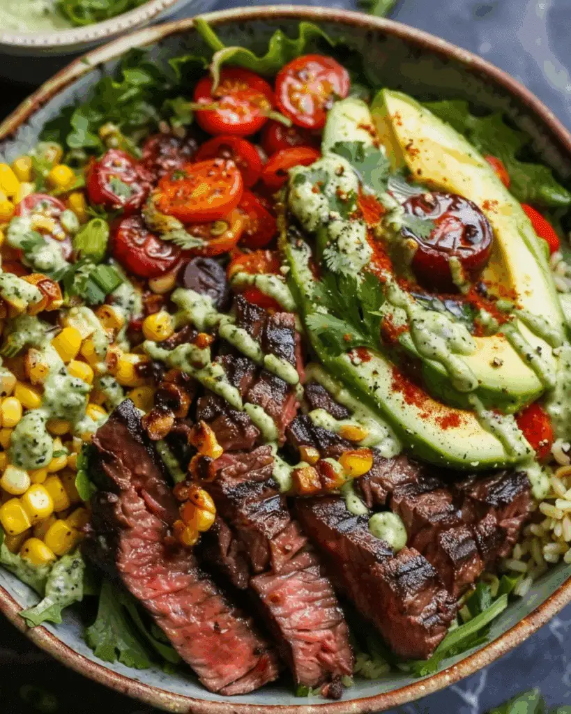 Steak, Avocado, and Roasted Corn Bowl with Cilantro Cream Sauce