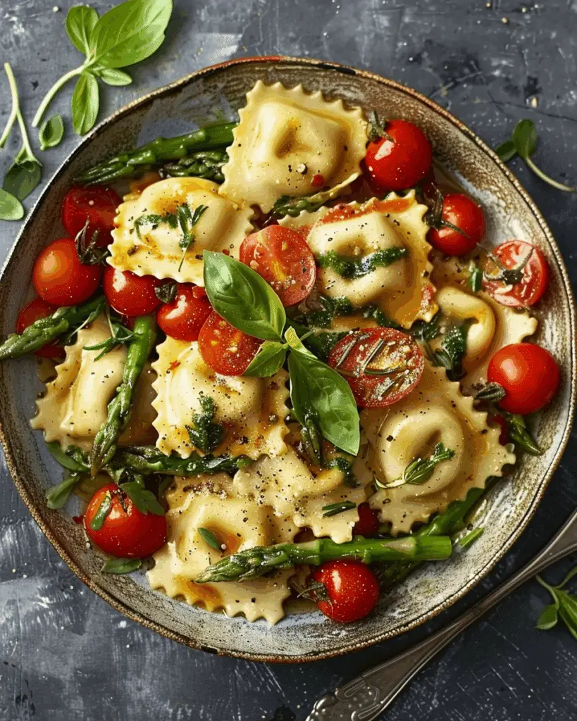 Ravioli with Tomatoes, Asparagus, Garlic, and Herbs