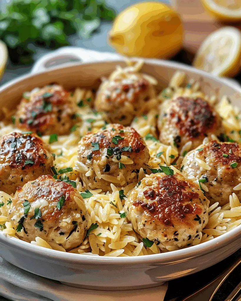 Greek Chicken Meatballs with Lemon Orzo