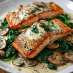 Garlic Butter Salmon with Spinach & Mushrooms in Creamy Sauce
