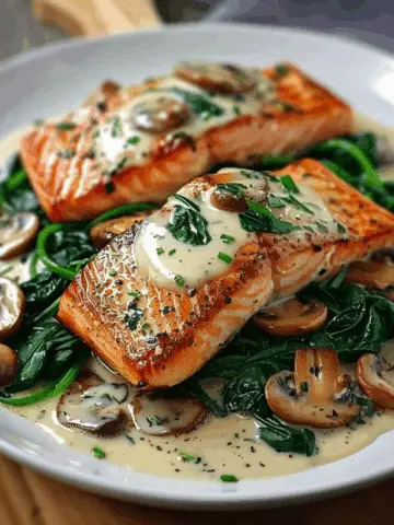 Garlic Butter Salmon with Spinach & Mushrooms in Creamy Sauce