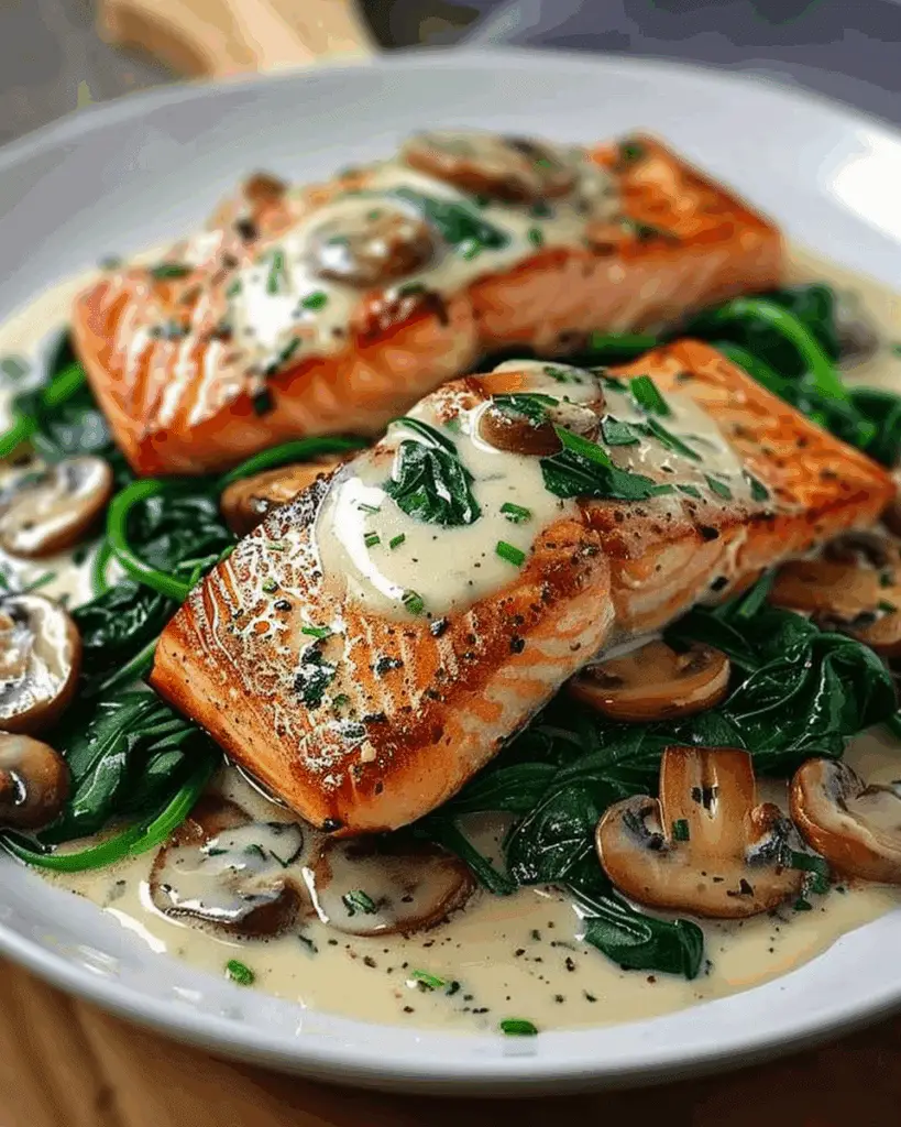 Garlic Butter Salmon with Spinach & Mushrooms in Creamy Sauce