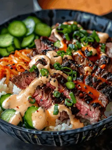 Korean BBQ Steak Rice Bowls with Spicy Cream Sauce