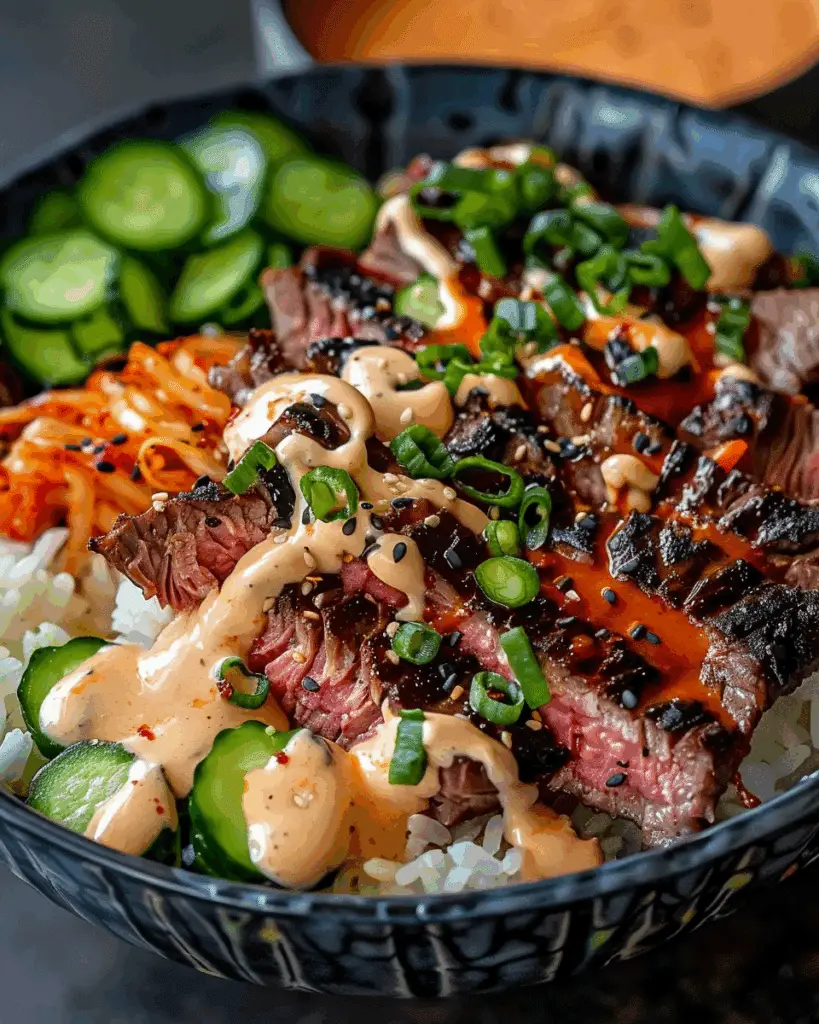 Korean BBQ Steak Rice Bowls with Spicy Cream Sauce