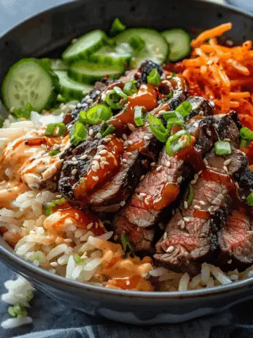 Korean BBQ Steak Rice Bowls with Spicy Cream Sauce