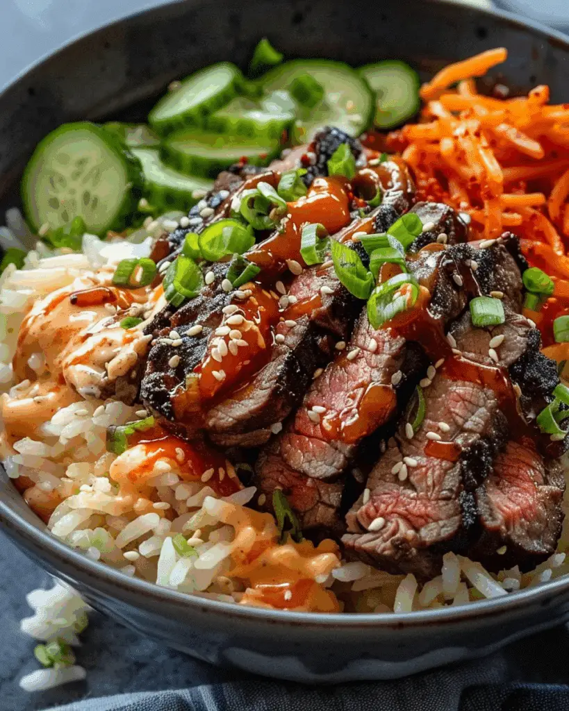 Korean BBQ Steak Rice Bowls with Spicy Cream Sauce