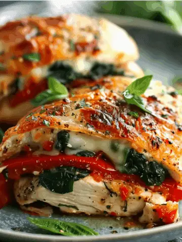 Roasted Red Pepper, Spinach, and Mozzarella Stuffed Chicken
