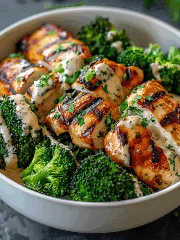 Grilled Chicken Broccoli Bowls with Creamy Garlic Sauce