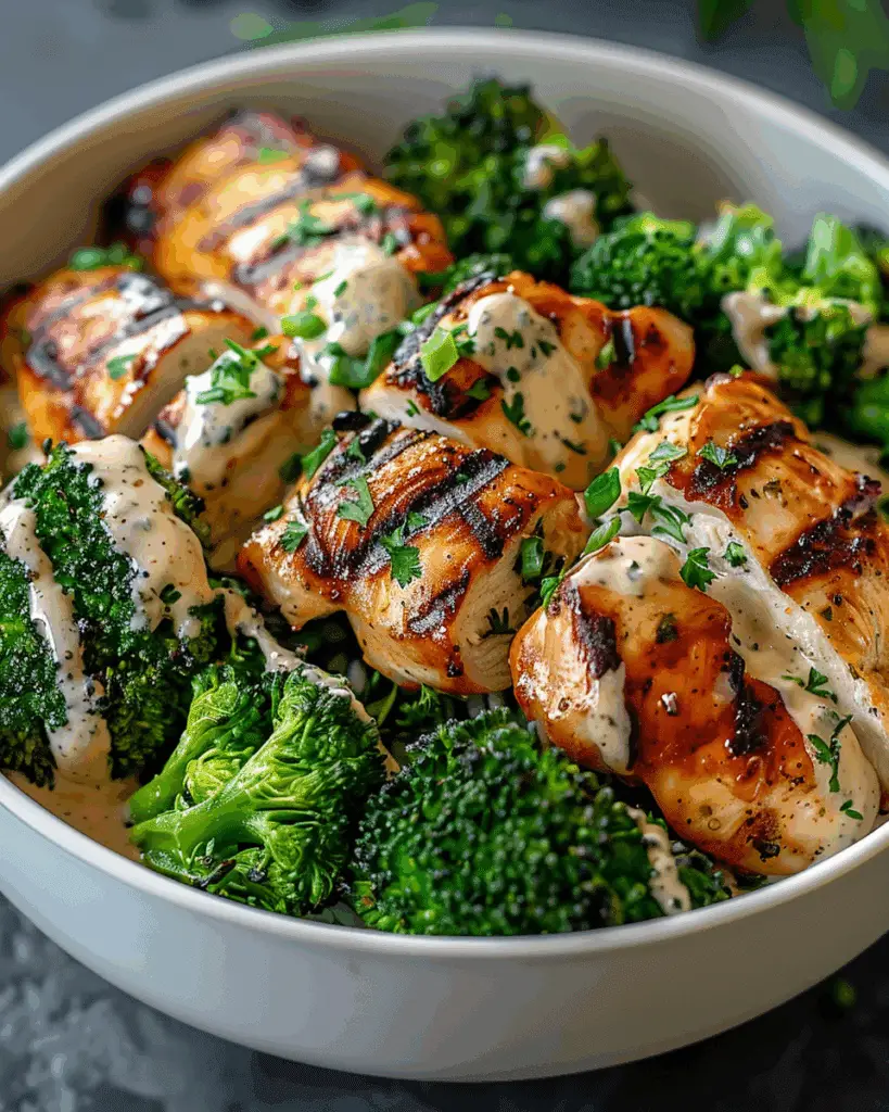 Grilled Chicken Broccoli Bowls with Creamy Garlic Sauce