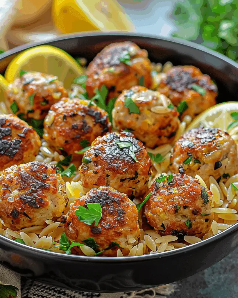 Greek Chicken Meatballs with Lemon Orzo