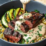 Grilled Steak Bowl with Creamy Sauce & Grilled Zucchini