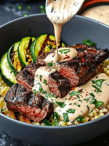 Grilled Steak Bowl with Creamy Sauce & Grilled Zucchini