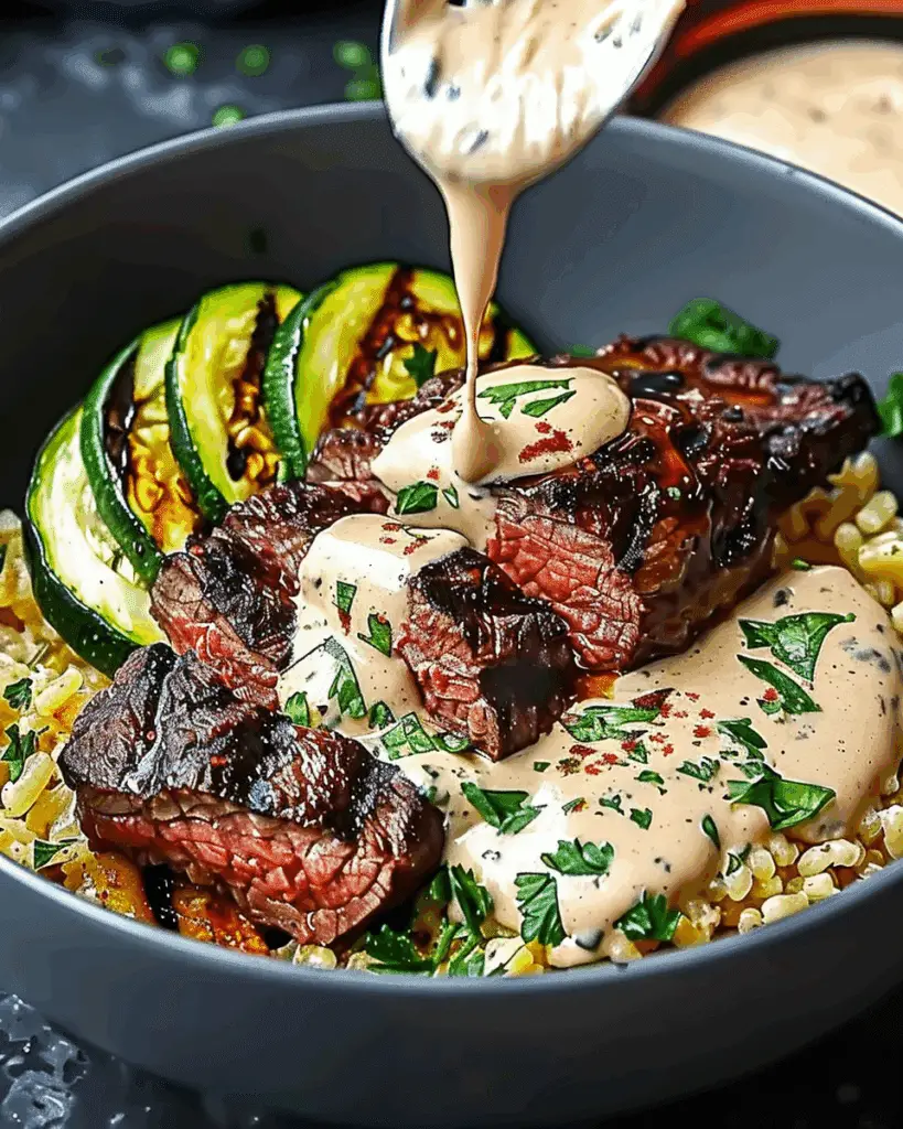 Grilled Steak Bowl with Creamy Sauce & Grilled Zucchini
