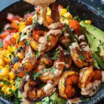 Grilled Shrimp Bowl with Avocado, Corn Salsa & Creamy Garlic Sauce