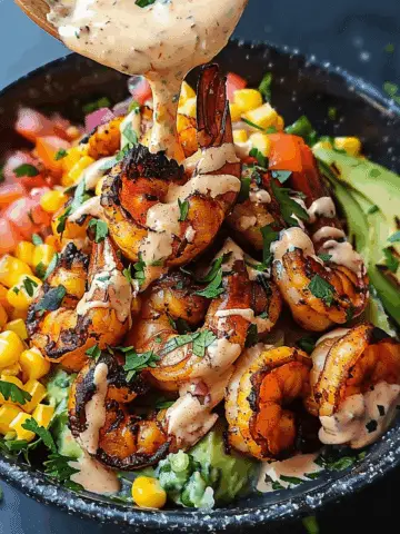Grilled Shrimp Bowl with Avocado, Corn Salsa & Creamy Garlic Sauce
