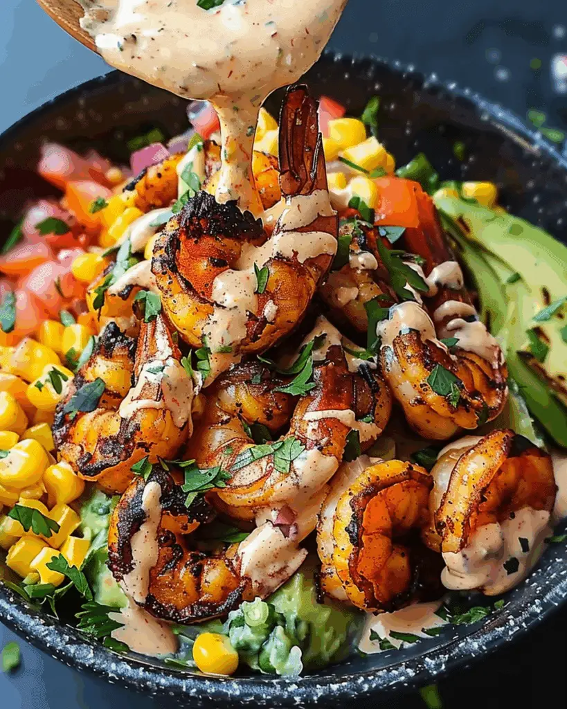 Grilled Shrimp Bowl with Avocado, Corn Salsa & Creamy Garlic Sauce
