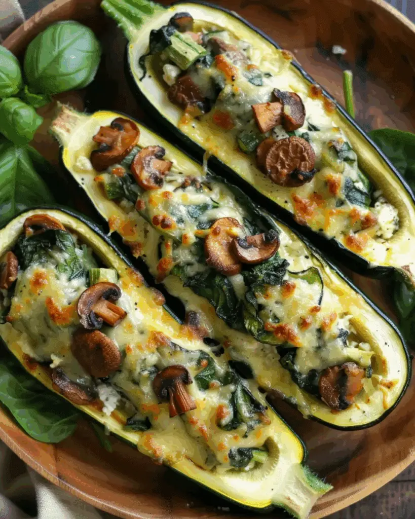 Spinach, Mushroom, and Ricotta Stuffed Zucchini Boats
