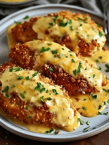 Pretzel-Crusted Chicken with Creamy Mustard Cheddar Sauce