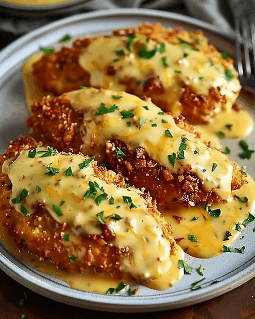 Pretzel-Crusted Chicken with Creamy Mustard Cheddar Sauce