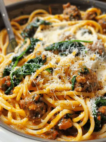 Cheesy Garlic Butter Spaghetti with Italian Sausage & Spinach
