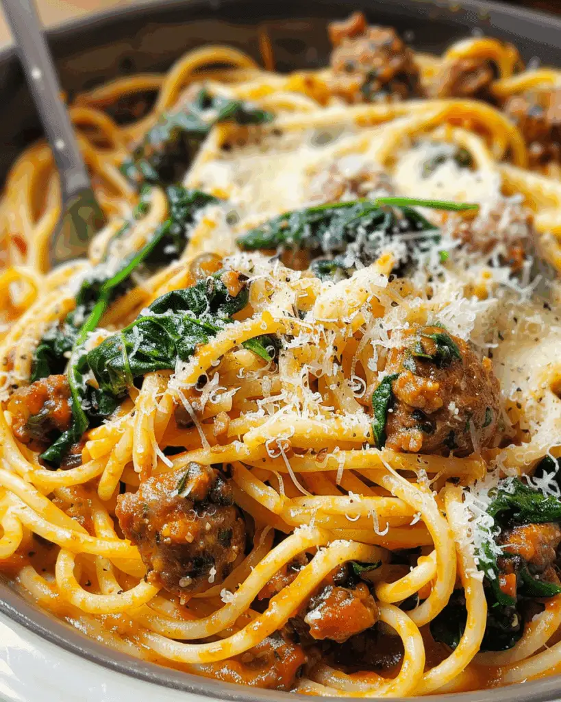 Cheesy Garlic Butter Spaghetti with Italian Sausage & Spinach