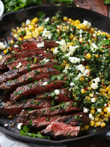 Flank Steak with Corn, Feta, and Spinach Sauce