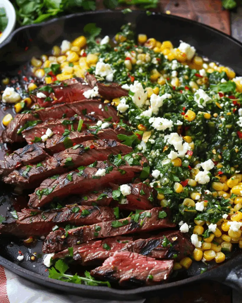 Flank Steak with Corn, Feta, and Spinach Sauce