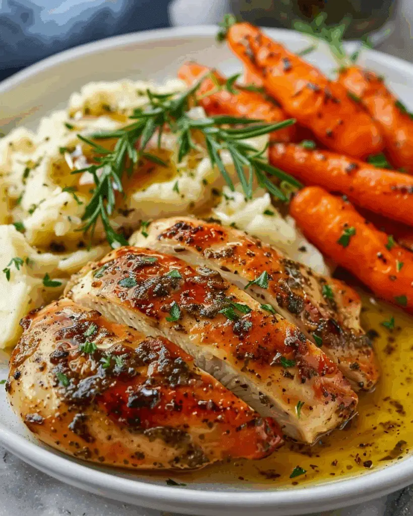 Garlic Herb Chicken with Mashed Potatoes and Glazed Carrots