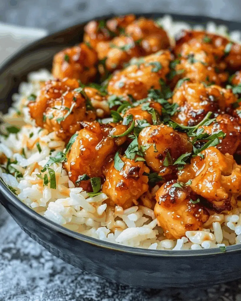 Honey Garlic Chicken Bites Over Creamy Rice