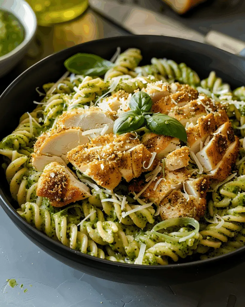 Pesto Pasta with Crispy Parmesan Chicken