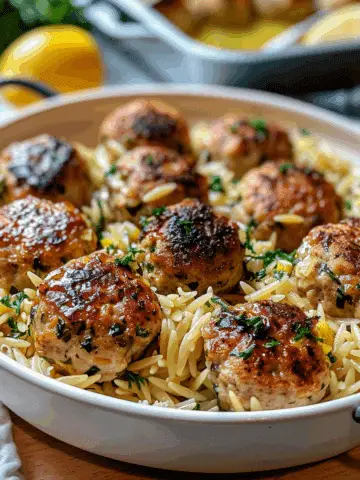 Greek Chicken Meatballs with Lemon Orzo