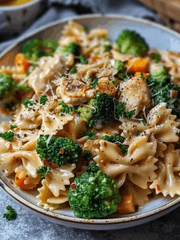 Cheddar & Havarti Chicken Bowtie Pasta with Roasted Broccoli & Carrots