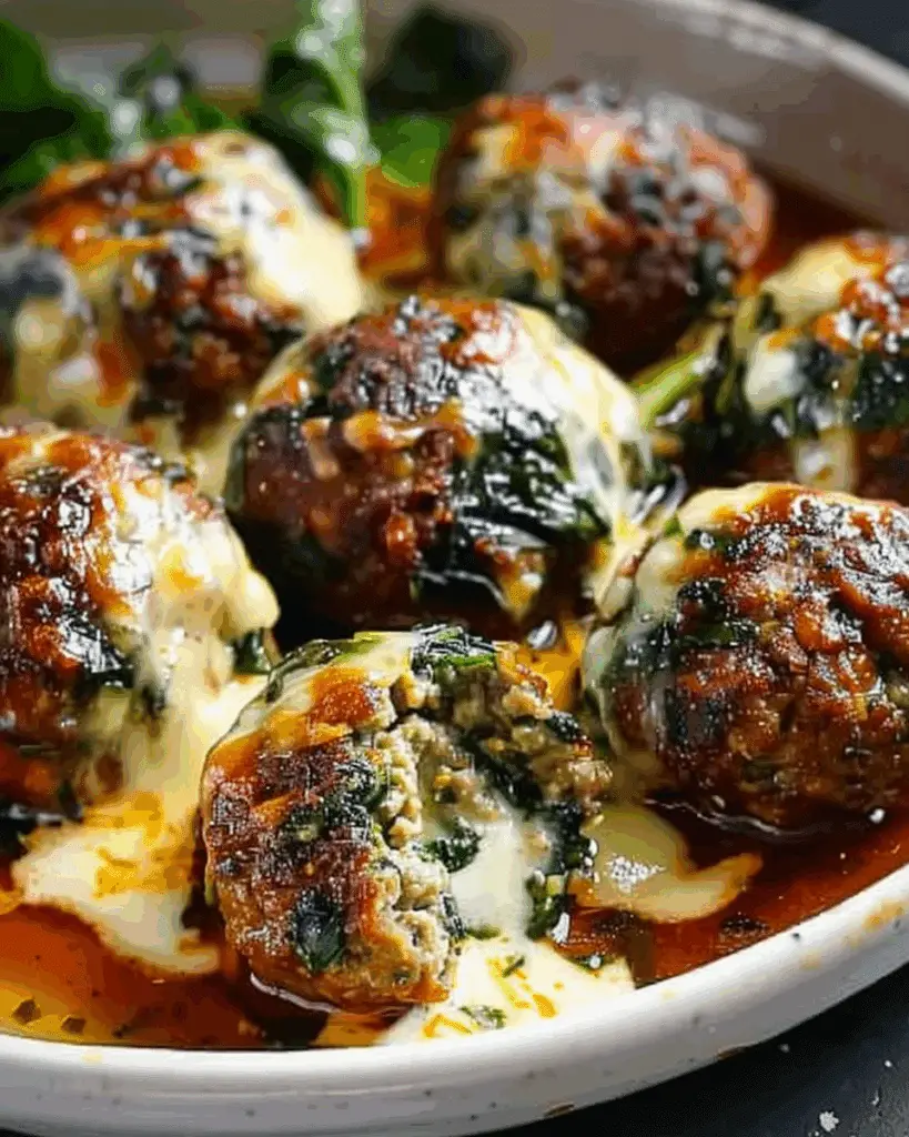 Spinach Garlic Meatballs Stuffed with Mozzarella